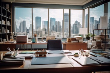 Fototapeta premium Close-up of a desk in modern office. A lot of papers, closed and open folders with documents, stationery on a large office table. Panoramic windows overlooking the city in the background.