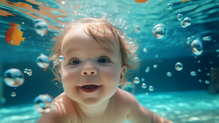 Fototapeta na wymiar baby swimming underwater in the swimming pool
