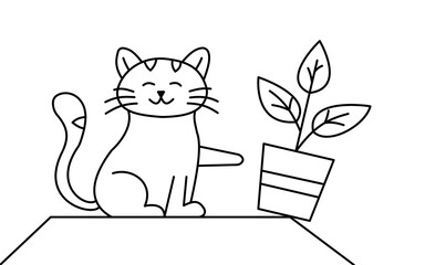 cat pushing flower pot from table. vector illustration black outline design