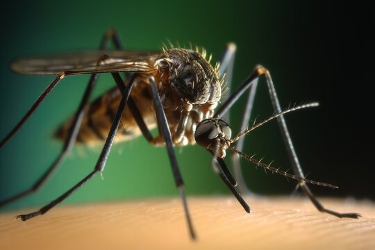 Macro shot of a mosquito perched on human skin, interaction between the insect and the skin's surface. Close encounter between these two elements in a unique and intimate perspective.