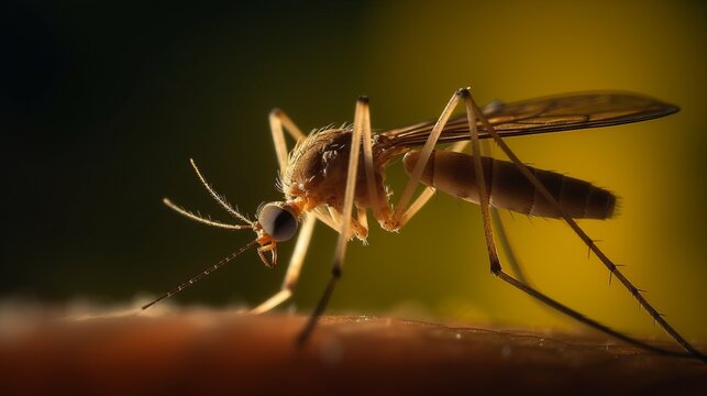Macro shot of a mosquito perched on human skin, interaction between the insect and the skin's surface. Close encounter between these two elements in a unique and intimate perspective.