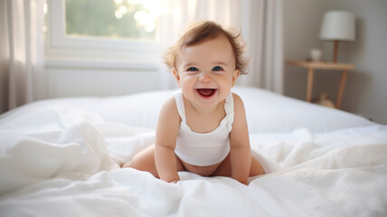 Obraz na płótnie Canvas Cute baby in diaper lying and playing