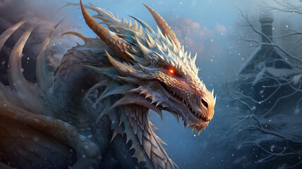 dragon with snow storm - obrazy, fototapety, plakaty