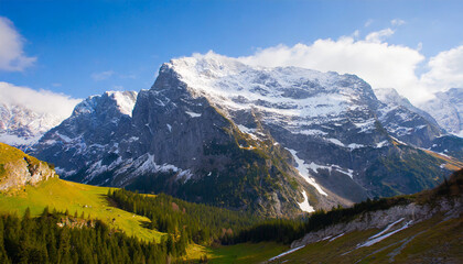 Alpine mountains in winter covered with snow, green meadows