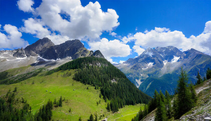 Fototapeta na wymiar Alpine mountains in winter covered with snow, green meadows