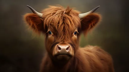 Zelfklevend Fotobehang Cute baby highland cow portrait © Cybonix