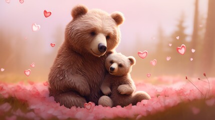 Hyper realistic super cute mama bear hugging baby bear. Happy mother's day greeting card concept. AI generated image - obrazy, fototapety, plakaty
