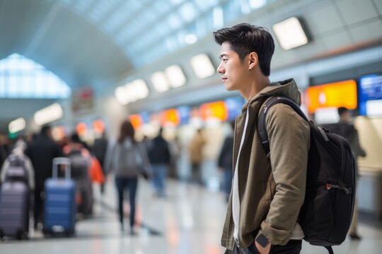 Young handsome Asian male tourist with backpack standing in airport terminal. Romantic student traveler starting his journey in domestic or international airport. Youth tourism, vacation concept.