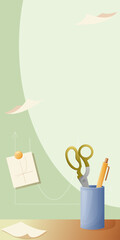 vertical banner template with different studying supplies - paper, scissors, pen. Vector illustration background with copy space. School items design for poster, social media, cover, web app.