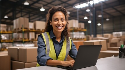 Happy curly female brunette warehouse worker sitting at desk with her laptop looking and smiling at camera at logistic centre