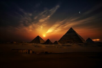 Twilight at the Mystical Pyramids, twilight setting, mystical atmosphere, mystical atmosphere, historical landmark