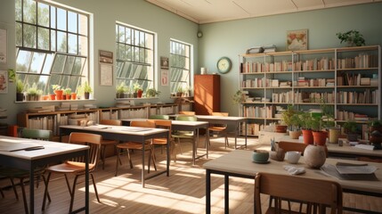 Interior of modern cozy school classroom. Light blue walls, wooden tables and chairs, educational diagrams and graphs on the wall, stationary on the desks, many textbooks in the bookshelves.