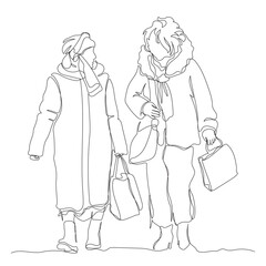 2 women with shopping bags talking. Wearing warm clothes, coat, hat, jacket. Winter sale season. Continuous line drawing. Black and white vector illustration in line art style.