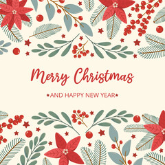 Winter square festive card on white background with text Merry Christmas in flat vector style. Hand drawn christmas tree branches, poinsettia, red berries, stars. Holiday seasonal floral decoration.