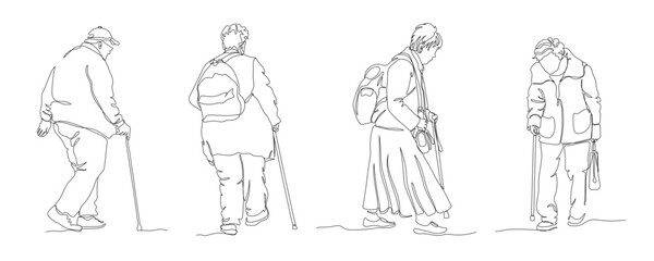 Fototapeta na wymiar Elderly people set. Walking with canes, 2 women with backpacks. Single line drawing. Black and white vector illustration in line art style.