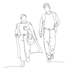Woman and man walking. Woman holding phone and leading the way. Continuous line drawing. Black and white vector illustration in line art style.