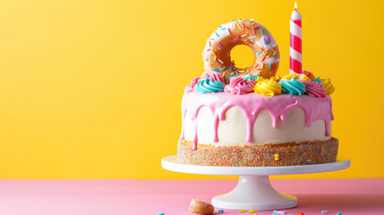 Cake on birthday with multicolored rainbow cream on a yellow background decorated with a waffle cone, pink donuts, sprinkles, marmalade candies poured with chocolate, empty space, happy birthday cake - obrazy, fototapety, plakaty