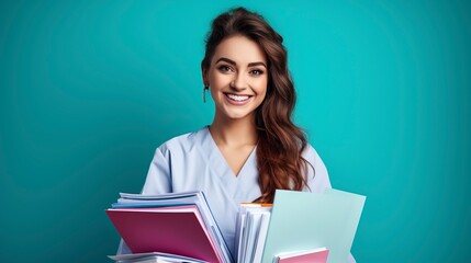 Fototapeta premium Smiling female doctor holding medical records, one Color background , copy space made by generative ai