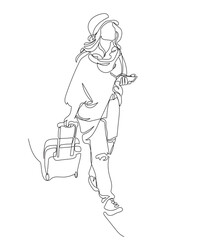 Woman in hat and loose fit coat walking with suitcase, holding phone. Winter travel. Continuous line drawing. Black and white vector illustration in line art style.