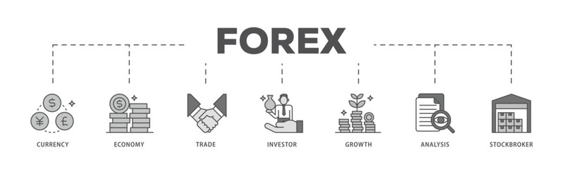 Forex infographic icon flow process which consists of currency, economy, trade, investor, growth, analysis and stockbroker icon live stroke and easy to edit 