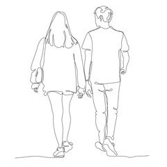 Young couple walking away. Woman wearing shorts and long jacket. Rear view. Continuous line drawing. Black and white vector illustration in line art style.