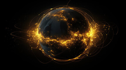 planet with yellow network connecting cities on dark black background 