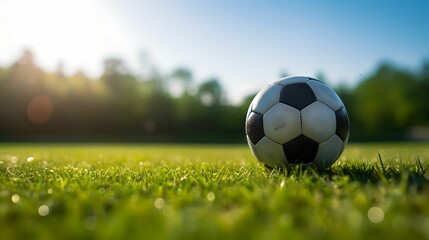 Fototapeta premium Soccer Ball Close-Up, soccer field, greenery, sports equipment