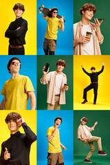 Collage made of images of expressive young handsome man in different style clothes doing different activities over multi colored backgrounds.
