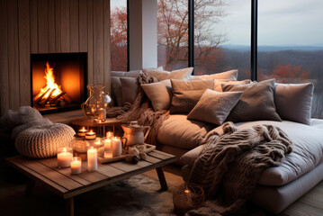 Modern Scandinavian interior of the living room with couch with pillows and a fireplace in warm beige colors and candles