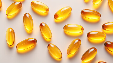 Transparent yellow vitamins on a light background. Vitamin D, omega 3, omega 6, Food supplement oil filled fish oil, vitamin A, vitamin E  - obrazy, fototapety, plakaty