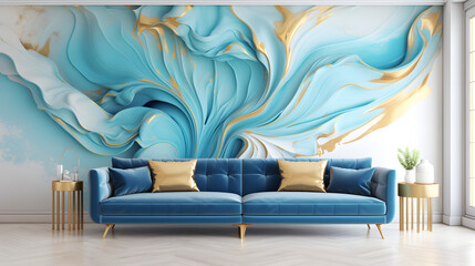 Turquoise blue waves swirls gold painted splashes 3d lines of tree with leaves texture marble....