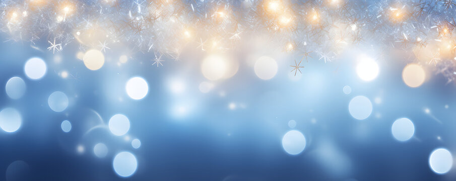 Hintergrund mit Glitter, Lichter, Lichterkette, Funkeln, Sterne in silber, gold, weiß und blau als bokeh Banner