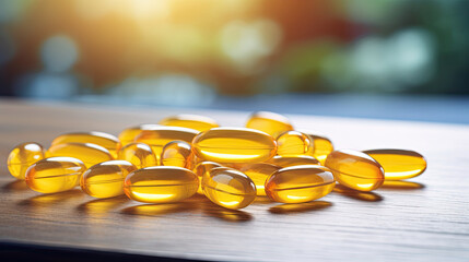 Omega 3 yellow capsules closed up on the table, Omega 3 cod liver oil capsules in the wooden  background with copy space for your design. immunity support capsules. Health care concept.