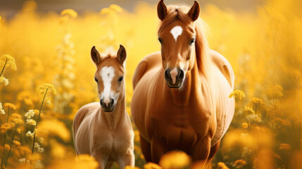 three horses in the field  of yellow flowerr