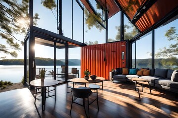 Develop a narrative around a lakeside artist colony where shipping container homes serve as both living spaces and creative studios