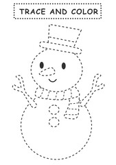 Trace and color for children. Handwriting practice. Coloring page for kids. Christmas activity sheet.