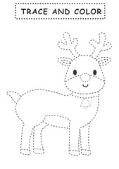 Trace and color for children. Handwriting practice. Coloring page for kids. Christmas activity sheet.  