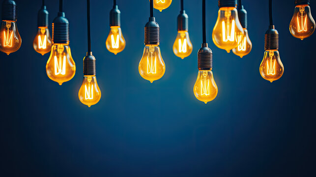 A row of light bulbs hanging from a blue wall, is a creative image perfect for marketing campaigns, interior design ideas, and business concepts related to innovation and creativity.