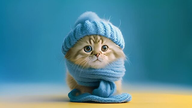 Cute kitten wearing a scarf and warm hat. Generative Ai	
