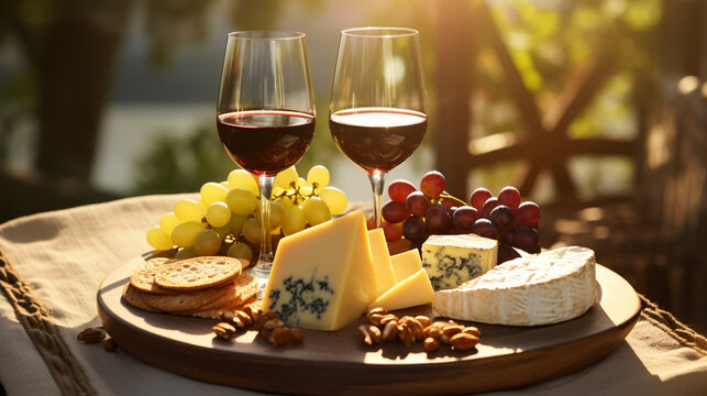 wine and cheese gourmet plate with grapes rustic background