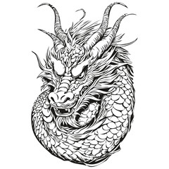 2024 Dragon Year Symbol Sketch and Vintage Engraving, black white isolated Vector ink outlines template for greeting card, poster, invitation