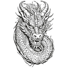 chinese Dragon Silhouette New Year 2024 Hand Drawn Illustration, black white isolated Vector ink outlines template for greeting card, poster, invitation, image