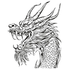 chinese Dragon Silhouette New Year 2024 Hand Drawn Illustration, black white isolated Vector ink outlines template for greeting card, poster, logo, invitation