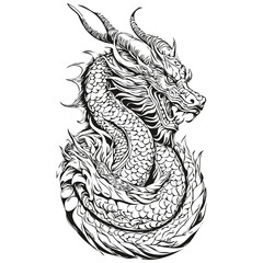 chinese Dragon Silhouette New Year 2024 Hand Drawn Illustration, black white isolated Vector ink outlines template for greeting card, poster, invitation