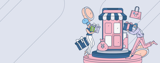 Festive Shopping E-Commerce Online Shopping People Flat Vector Concept Operation Hand Drawn Illustration
