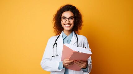 Smiling female doctor holding medical records, one Color background , copy space made by generative ai - obrazy, fototapety, plakaty