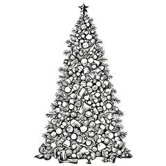Christmas Tree Hand Drawn Engraving Vector Illustration, Unique Details for Seasonal Art, black white isolated Vector ink outlines template for greeting card, poster, invitation, logo