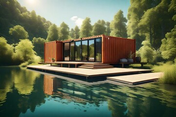Write about the architectural creativity involved in designing a shipping container house that complements the natural surroundings of a lake - obrazy, fototapety, plakaty