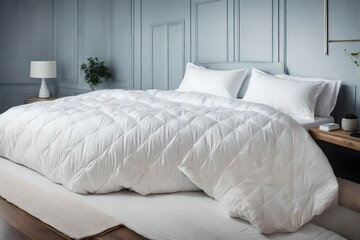 Write about the soothing visual impact of a white folded duvet against a backdrop of muted bedroom tones