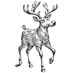 Hand Drawn Christmas Reindeer, deer Sketch Vintage Engraving, black white Vector outlines template for greeting card